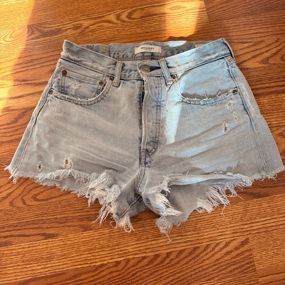 Moussy Light Blue Frayed Jean Shorts
